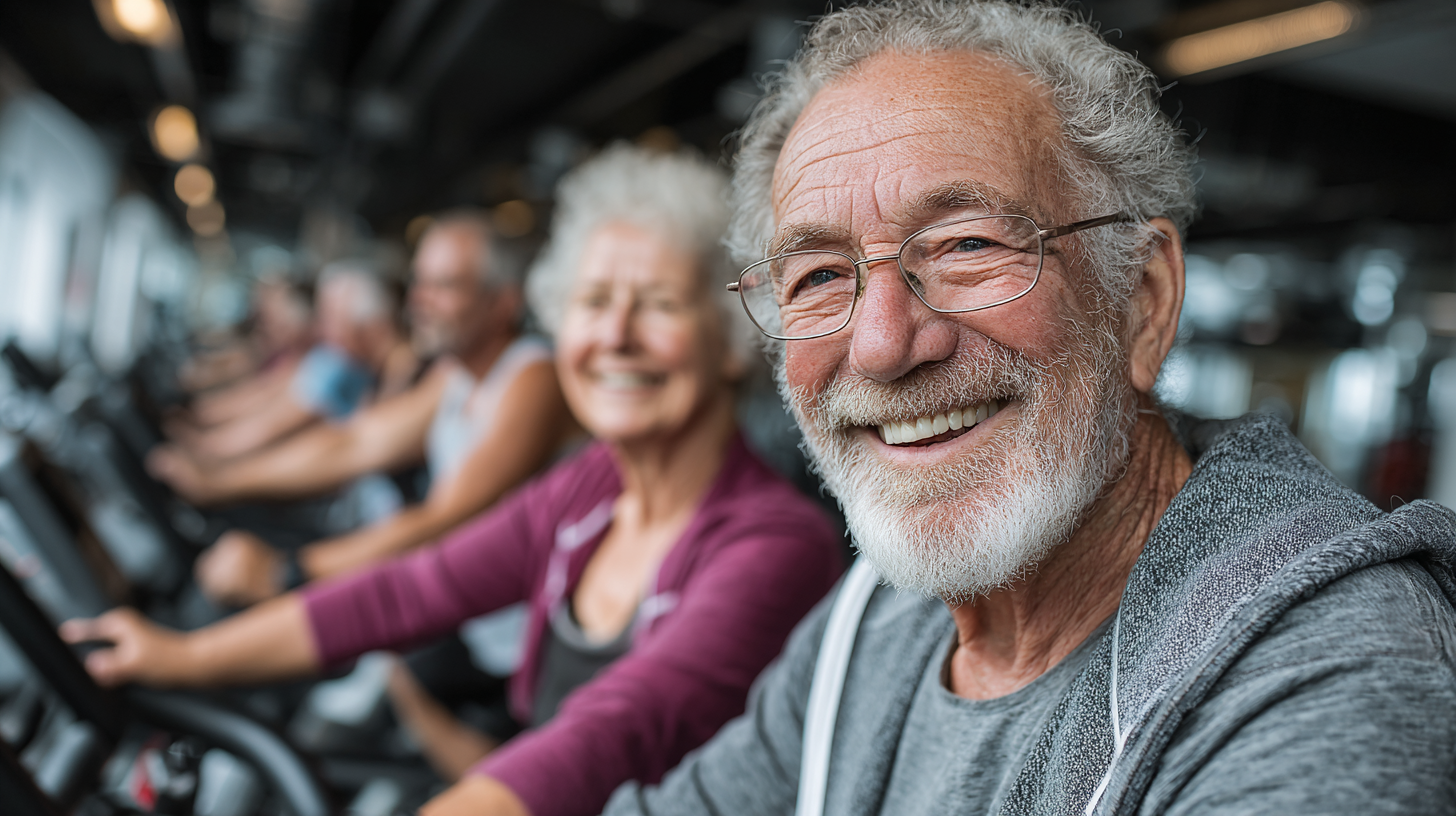 Seniori practicând exerciții cu tehnologie modernă